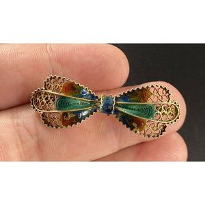 Vintage 800 Silver Enamel Bow Tie Brooch Fine Filigree Pin